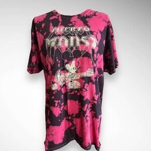 DISNEY Men's‎ Mickey Mouse Metal Rock Star Red Black Bleach Dye T-Shirt | EUC